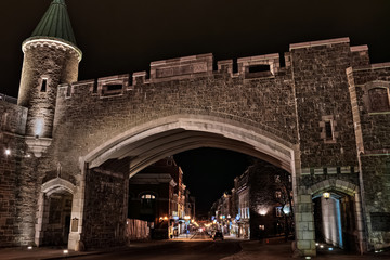 St-John's gate, old town, Quebec city at night, Canada