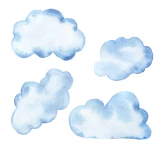 Papier Peint photo Les nuages Ensemble de nuages de dessin animé bleu pastel isolé sur fond blanc. Illustration aquarelle dessinée à la main.