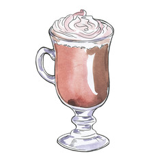 Cup of cappuccino or cocoa drawn by ink and watercolor isolated on white background. Hand drawn illustration.