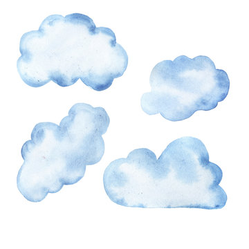 Set of pastel blue cartoon clouds isolated on white background. Hand drawn watercolor illustration.