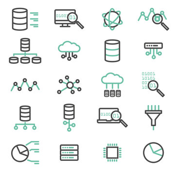 Simple set of big data, database, cloud computing, server, network vector line icons. Elements for computer, web, apps and mobile concept.