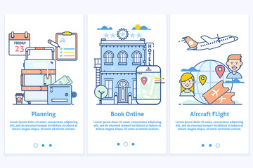 Travel web infographic.Website illustration. Plan your vacation.Modern blue interface UX UI GUI screen template for smart phone or web site banners.Modern thin linear stroke icons.