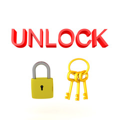 3D illustration of a padlock and keychain with the text UNLOCK above
