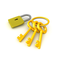 3D illustration of a golden keychain with keys and padlock