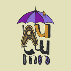 Autumn lettering with umbrella hand drawn