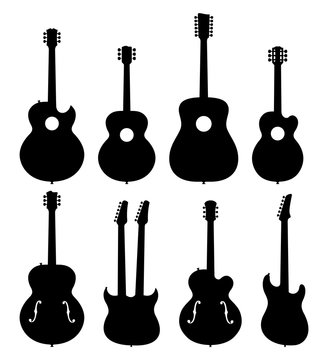 Vector Illustration Of A Set Of No Name, No Brand, Imaginary Jazz Guitar Silhouettes.