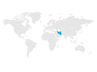 Iran marked by blue in grey World political map. Vector illustration.