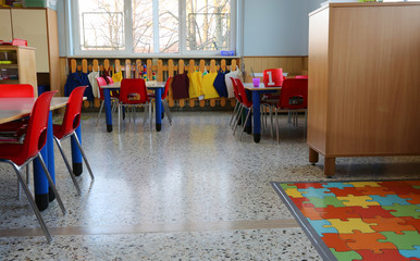 inside of a classroom in kindergarten with small chairs © ChiccoDodiFC