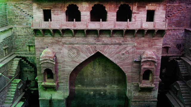 The Step Well - Toorji Ka Jhalara. Local sight. Symmetry steps. Geometry. Heritage in Jodhpur, Rajasthan, India. Baori.