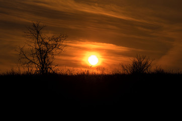 Dramatic sunset rays through a cloudy dark sky above the mountain. There are silhouettes of trees.