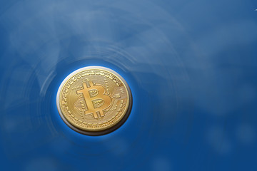Bitcoin floating on water with ripples and cloud reflections.