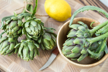 Artichoke bouquets on kitchen table