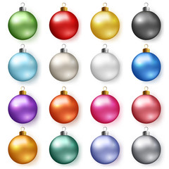 Colorful glossy christmas balls with shadows. Set of isolated realistic decorations.