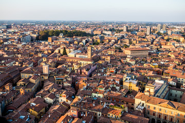 Aerial view of Bologna, Italy at sunset. Colorful sky over the historical city center and old buildings
