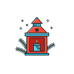 Lantern with candle and pine branches. Xmas traditional lamp. Christmas and New Year flat color line icon on isolated background.