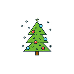 Christmas tree flat color line icon on isolated background. Xmas tree with baubles and ornaments. Vector illustration in modern colorful linear style.