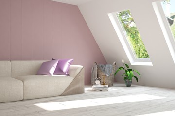Idea of white room with sofa and summer landscape in window. Scandinavian interior design. 3D illustration