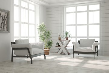 Inspiration of white minimalist room with armchair. Scandinavian interior design. 3D illustration