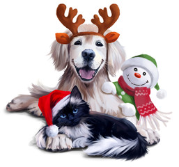 A dog, a cat and a snowman