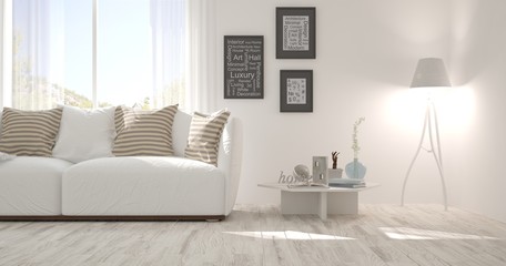 Idea of white minimalist room with sofa. Scandinavian interior design. 3D illustration