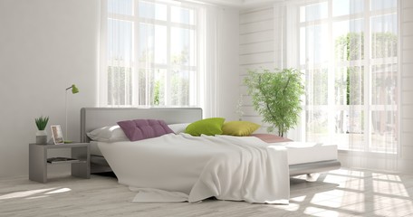 Inspiration of white minimalist  bedroom with summer landscape in window. Scandinavian interior design. 3D illustration