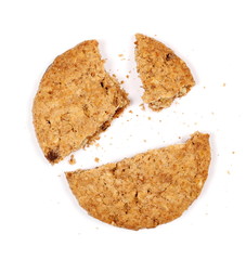 Round broken wholewheat biscuit with chocolate isolated on white background, top view