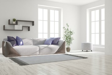 Idea of white minimalist room with sofa. Scandinavian interior design. 3D illustration