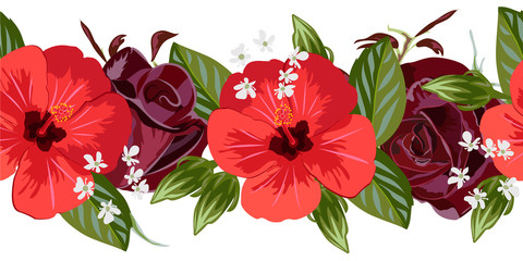 Seamless floral border with beautiful roses and hibiscus. Hand-drawn pattern on white background. Design element for cards, invitations, wedding, congratulations. Panoramic format.