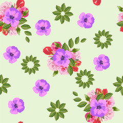 Seamless  pattern with hibiscus flowers.Hand-drawn floral background for printing on fabric, clothing, home textiles, wallpaper, gift wrapping. Romantic design.