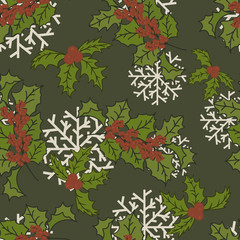 Merry Christmas/ Happy New Year design in traditional style. Holly or Mistletoe minimal design. Christmas seamless pattern in vintage style. Vector repeat isolated pattern in flat style for print.