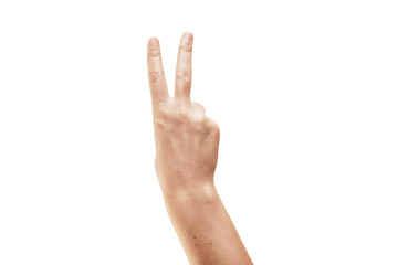 A woman Hand showing victory sign on white background