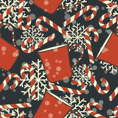 Cup and candy cane seamless pattern isolated on dark. Merry Christmas and Happy New Year design. Christmas pattern for print, texture wrapper. Red and white colors, Christmas mood, simple flat style.