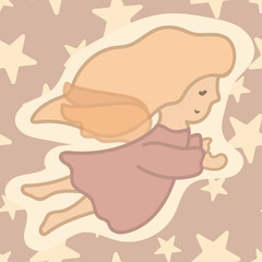 Christmas cute angel, vector simple image. Magic fairy. Cartoon style hand drawn christmas angel, isolated on light background. Angel flies on star sky. Merry Christmas and Happy New Year.
