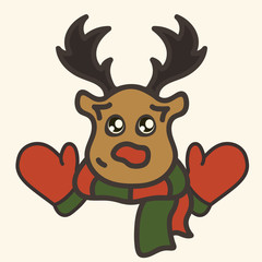 Vector image of a New Year's deer in Santa Claus's clothes. Merry Christmas and Happy New Year design in traditional style, greeting card. Rudolf in Santa's costume. Cute funny character for children.