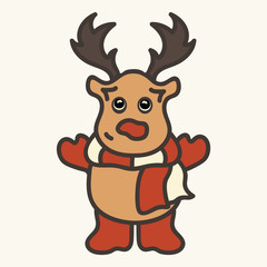 Vector image of a New Year's deer in Santa Claus's clothes. Merry Christmas and Happy New Year design in traditional style, greeting card. Rudolf in Santa's cap. Cute funny character for children.