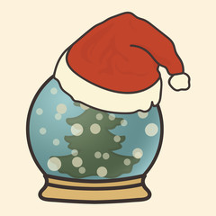 Christmas tree in snow globe in Christmas cap vector image. Magic crystal globe with fir tree. Crystal sphere icon. Merry Christmas and Happy New Year design in traditional style. Christmas mood.