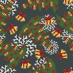 Christmas vector pattern from Christmas tree and jingle bells. Merry Christmas and Happy New Year design in traditional style. Christmas decorative pattern for print, texture, wrapper. Minimal flat.