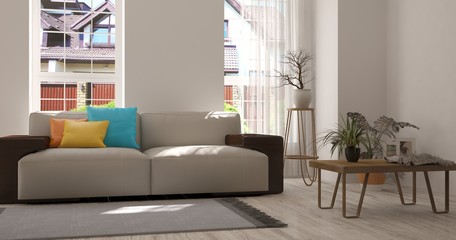 Idea of white minimalist room with sofa. Scandinavian interior design. 3D illustration