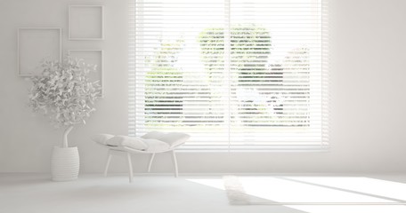 White empty room with summer landscape in window. Scandinavian interior design. 3D illustration