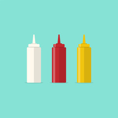 Ketchup, mustard and mayonnaise bottles with sauce for fast food
