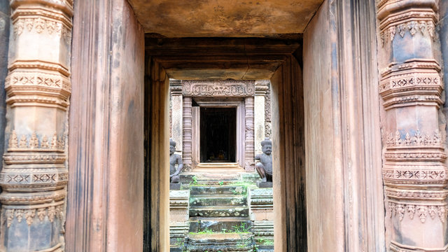 through view gate of Banteay Srei, pink sandstone in Siem Reap, Cambodia