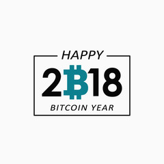 Logo of Bitcoin digital currency on black background with phrase "Happy bitcoin year" .