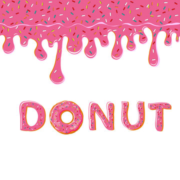 Sweet pink donut and glaze isolated on white background. Vector