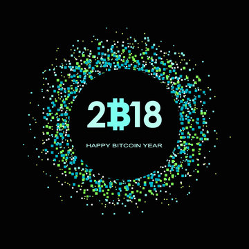Logo of Bitcoin digital currency on black background with phrase "Happy bitcoin year" .