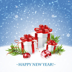 Merry Christmas and Happy New Year Card with gift box.