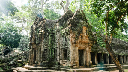 Fototapeta premium Ta Prohm with sun light, temple in the banyan tree forest, Siem Reap, Cambodia