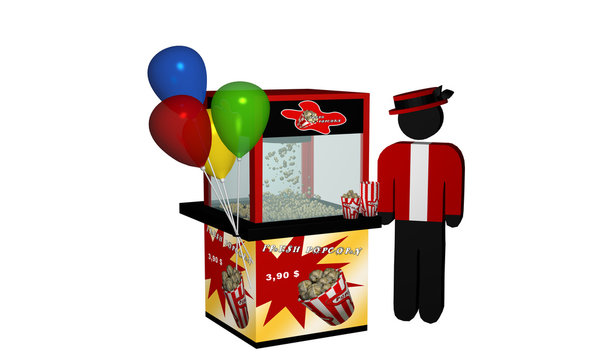 Popcornmaschine mit frischem Popcorn und Luftballons und Verkäufer