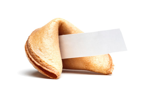 Picture of one Chinese cookie with wish on empty white background.