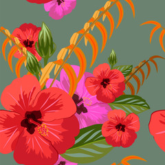Fototapeta na wymiar Seamless pattern with hibiscus flowers. Hand-drawn floral background for textile, cover, wallpaper, gift packaging, printing.Romantic design for calico.