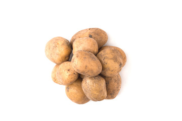 Pile of raw potatoes on a white background